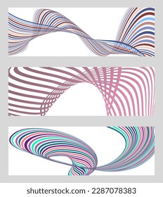 Wavy lines or ribbons. Set of 3 backgrounds. Multicolored striped gradient. Creative unusual background with abstract gradient wave lines to create a trendy banner, poster. vector eps