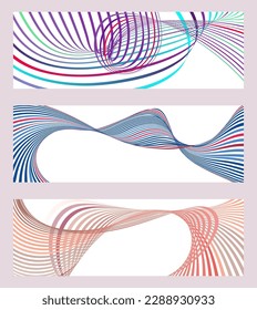 Wavy lines or ribbons. Set of 3 backgrounds. Multicolored striped gradient. Creative unusual background with abstract gradient wave lines to create a trendy banner, poster. vector eps