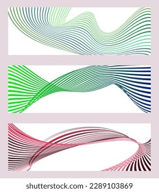 Wavy lines or ribbons. Set of 3 backgrounds. Multicolored striped gradient. Creative unusual background with abstract gradient wave lines to create a trendy banner, poster. vector eps