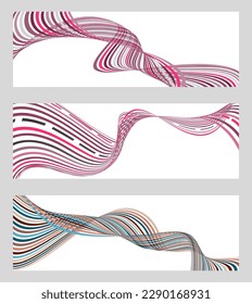 Wavy lines or ribbons. Set of 3 backgrounds. Multicolored striped gradient. Creative unusual background with abstract gradient wave lines to create a trendy banner, poster. vector eps