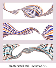 Líneas onduladas o cintas. Conjunto de 3 fondos. Gradiente de rayas multicolor. Fondo creativo inusual con líneas de onda de gradiente abstracto para crear un cartel de moda, afiche. vectores