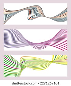 Wavy lines or ribbons. Set of 3 backgrounds. Multicolored striped gradient. Creative unusual background with abstract gradient wave lines to create a trendy banner, poster. vector eps