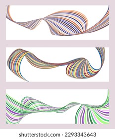 Líneas onduladas o cintas. Conjunto de 3 fondos. Gradiente de rayas multicolor. Fondo creativo inusual con líneas de onda de gradiente abstracto para crear un cartel de moda, afiche. vectores