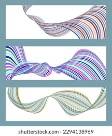 Wavy lines or ribbons. Set of 3 backgrounds. Multicolored striped gradient. Creative unusual background with abstract gradient wave lines to create a trendy banner, poster. vector eps