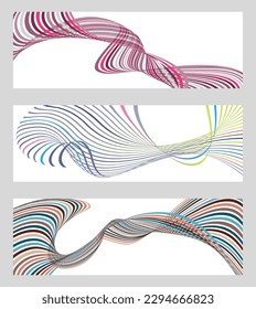 Líneas onduladas o cintas. Conjunto de 3 fondos. Gradiente de rayas multicolor. Fondo creativo inusual con líneas de onda de gradiente abstracto para crear un cartel de moda, afiche. vectores