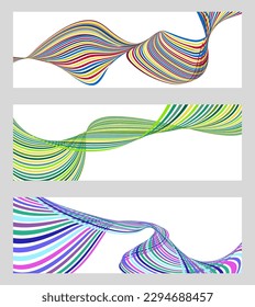 Wavy lines or ribbons. Set of 3 backgrounds. Multicolored striped gradient. Creative unusual background with abstract gradient wave lines to create a trendy banner, poster. vector eps