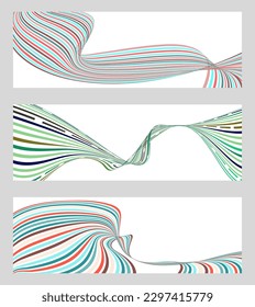 Líneas onduladas o cintas. Conjunto de 3 fondos. Gradiente de rayas multicolor. Fondo creativo inusual con líneas de onda de gradiente abstracto para crear un cartel de moda, afiche. vectores