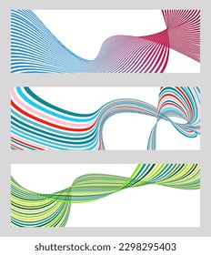 Wavy lines or ribbons. Set of 3 backgrounds. Multicolored striped gradient. Creative unusual background with abstract gradient wave lines to create a trendy banner, poster. vector eps