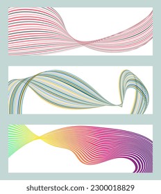 Líneas onduladas o cintas. Conjunto de 3 fondos. Gradiente de rayas multicolor. Fondo creativo inusual con líneas de onda de gradiente abstracto para crear un cartel de moda, afiche. vectores