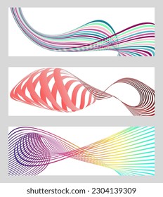 Líneas onduladas o cintas. Conjunto de 3 fondos. Gradiente de rayas multicolor. Fondo creativo inusual con líneas de onda de gradiente abstracto para crear un cartel de moda, afiche. vectores