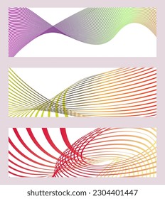 Wavy lines or ribbons. Set of 3 backgrounds. Multicolored striped gradient. Creative unusual background with abstract gradient wave lines to create a trendy banner, poster. vector eps