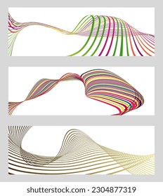 Líneas onduladas o cintas. Conjunto de 3 fondos. Gradiente de rayas multicolor. Fondo creativo inusual con líneas de onda de gradiente abstracto para crear un cartel de moda, afiche. vectores