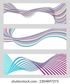 Wavy lines or ribbons. Set of 3 backgrounds. Multicolored striped gradient. Creative unusual background with abstract gradient wave lines to create a trendy banner, poster. vector eps