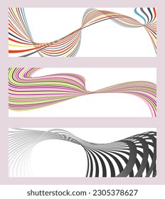 Líneas onduladas o cintas. Conjunto de 3 fondos. Gradiente de rayas multicolor. Fondo creativo inusual con líneas de onda de gradiente abstracto para crear un cartel de moda, afiche. vectores