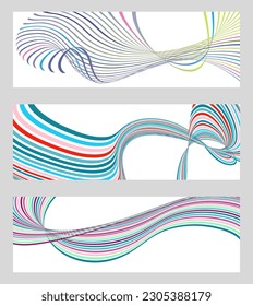 Wavy lines or ribbons. Set of 3 backgrounds. Multicolored striped gradient. Creative unusual background with abstract gradient wave lines to create a trendy banner, poster. vector eps