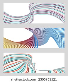 Líneas onduladas o cintas. Conjunto de 3 fondos. Gradiente de rayas multicolor. Fondo creativo inusual con líneas de onda de gradiente abstracto para crear un cartel de moda, afiche. vectores