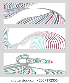 Líneas onduladas o cintas. Conjunto de 3 fondos. Gradiente de rayas multicolor. Fondo creativo inusual con líneas de onda de gradiente abstracto para crear un cartel de moda, afiche. vectores