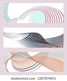 Wavy lines or ribbons. Set of 3 backgrounds. Multicolored striped gradient. Creative unusual background with abstract gradient wave lines to create a trendy banner, poster. vector eps