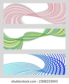 Wavy lines or ribbons. Set of 3 backgrounds. Multicolored striped gradient. Creative unusual background with abstract gradient wave lines to create a trendy banner, poster. vector eps