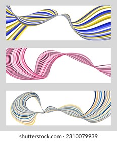 Wavy lines or ribbons. Set of 3 backgrounds. Multicolored striped gradient. Creative unusual background with abstract gradient wave lines to create a trendy banner, poster. vector eps