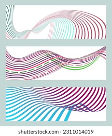 Líneas onduladas o cintas. Conjunto de 3 fondos. Gradiente de rayas multicolor. Fondo creativo inusual con líneas de onda de gradiente abstracto para crear un cartel de moda, afiche. vectores
