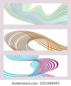 Líneas onduladas o cintas. Conjunto de 3 fondos. Gradiente de rayas multicolor. Fondo creativo inusual con líneas de onda de gradiente abstracto para crear un cartel de moda, afiche. vectores