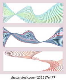 Wavy lines or ribbons. Set of 3 backgrounds. Multicolored striped gradient. Creative unusual background with abstract gradient wave lines to create a trendy banner, poster. vector eps
