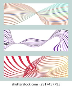 Wavy lines or ribbons. Set of 3 backgrounds. Multicolored striped gradient. Creative unusual background with abstract gradient wave lines to create a trendy banner, poster. vector eps