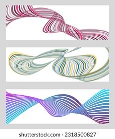 Líneas onduladas o cintas. Conjunto de 3 fondos. Gradiente de rayas multicolor. Fondo creativo inusual con líneas de onda de gradiente abstracto para crear un cartel de moda, afiche. vectores