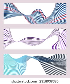 Líneas onduladas o cintas. Conjunto de 3 fondos. Gradiente de rayas multicolor. Fondo creativo inusual con líneas de onda de gradiente abstracto para crear un cartel de moda, afiche. vectores