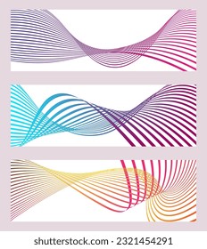 Wavy lines or ribbons. Set of 3 backgrounds. Multicolored striped gradient. Creative unusual background with abstract gradient wave lines to create a trendy banner, poster. vector eps