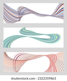 Líneas onduladas o cintas. Conjunto de 3 fondos. Gradiente de rayas multicolor. Fondo creativo inusual con líneas de onda de gradiente abstracto para crear un cartel de moda, afiche. vectores