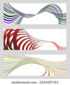 Líneas onduladas o cintas. Conjunto de 3 fondos. Gradiente de rayas multicolor. Fondo creativo inusual con líneas de onda de gradiente abstracto para crear un cartel de moda, afiche. vectores