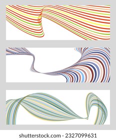 Wavy lines or ribbons. Set of 3 backgrounds. Multicolored striped gradient. Creative unusual background with abstract gradient wave lines to create a trendy banner, poster. vector eps