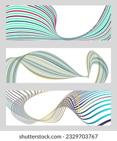 Wavy lines or ribbons. Set of 3 backgrounds. Multicolored striped gradient. Creative unusual background with abstract gradient wave lines to create a trendy banner, poster. vector eps