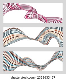Líneas onduladas o cintas. Conjunto de 3 fondos. Gradiente de rayas multicolor. Fondo creativo inusual con líneas de onda de gradiente abstracto para crear un cartel de moda, afiche. vectores