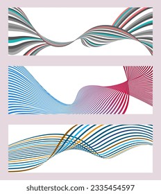 Wavy lines or ribbons. Set of 3 backgrounds. Multicolored striped gradient. Creative unusual background with abstract gradient wave lines to create a trendy banner, poster. vector eps
