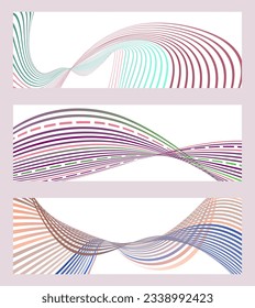 Wavy lines or ribbons. Set of 3 backgrounds. Multicolored striped gradient. Creative unusual background with abstract gradient wave lines to create a trendy banner, poster. vector eps
