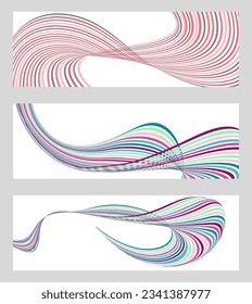 Líneas onduladas o cintas. Conjunto de 3 fondos. Gradiente de rayas multicolor. Fondo creativo inusual con líneas de onda de gradiente abstracto para crear un cartel de moda, afiche. vectores