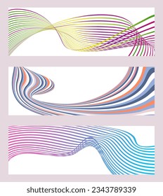 Líneas onduladas o cintas. Conjunto de 3 fondos. Gradiente de rayas multicolor. Fondo creativo inusual con líneas de onda de gradiente abstracto para crear un cartel de moda, afiche. vectores