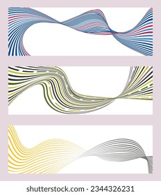 Wavy lines or ribbons. Set of 3 backgrounds. Multicolored striped gradient. Creative unusual background with abstract gradient wave lines to create a trendy banner, poster. vector eps