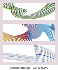 Wavy lines or ribbons. Set of 3 backgrounds. Multicolored striped gradient. Creative unusual background with abstract gradient wave lines to create a trendy banner, poster. vector eps
