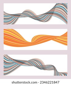 Wavy lines or ribbons. Set of 3 backgrounds. Multicolored striped gradient. Creative unusual background with abstract gradient wave lines to create a trendy banner, poster. vector eps