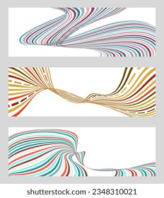 Wavy lines or ribbons. Set of 3 backgrounds. Multicolored striped gradient. Creative unusual background with abstract wavy lines. Fashionable banner, poster. eps vector