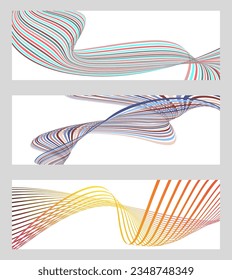Wavy lines or ribbons. Set of 3 backgrounds. Multicolored striped gradient. Creative unusual background with abstract wavy lines. Fashionable banner, poster. eps vector