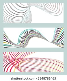 Wavy lines or ribbons. Set of 3 backgrounds. Multicolored striped gradient. Creative unusual background with abstract gradient wave lines to create a trendy banner, poster. vector eps