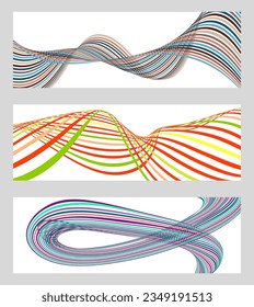 Líneas onduladas o cintas. Conjunto de 3 fondos. Gradiente de rayas multicolor. Fondo creativo inusual con líneas de onda de gradiente abstracto para crear un cartel de moda, afiche. vectores