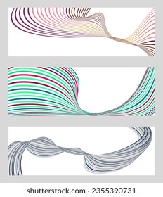 Líneas onduladas o cintas. Conjunto de 3 fondos. Gradiente de rayas multicolor. Fondo creativo inusual con líneas de onda de gradiente abstracto para crear un cartel de moda, afiche. vectores
