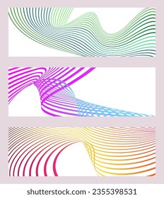 Wavy lines or ribbons. Set of 3 backgrounds. Multicolored striped gradient. Creative unusual background with abstract gradient wave lines to create a trendy banner, poster. vector eps