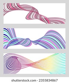 Wavy lines or ribbons. Set of 3 backgrounds. Multicolored striped gradient. Creative unusual background with abstract gradient wave lines to create a trendy banner, poster. vector eps